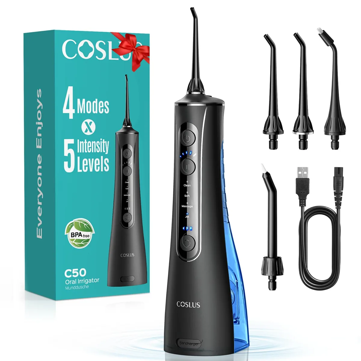 COSLUS C50 irrigador dental portátil · 4 modos × 5 intensidades · 300 ml