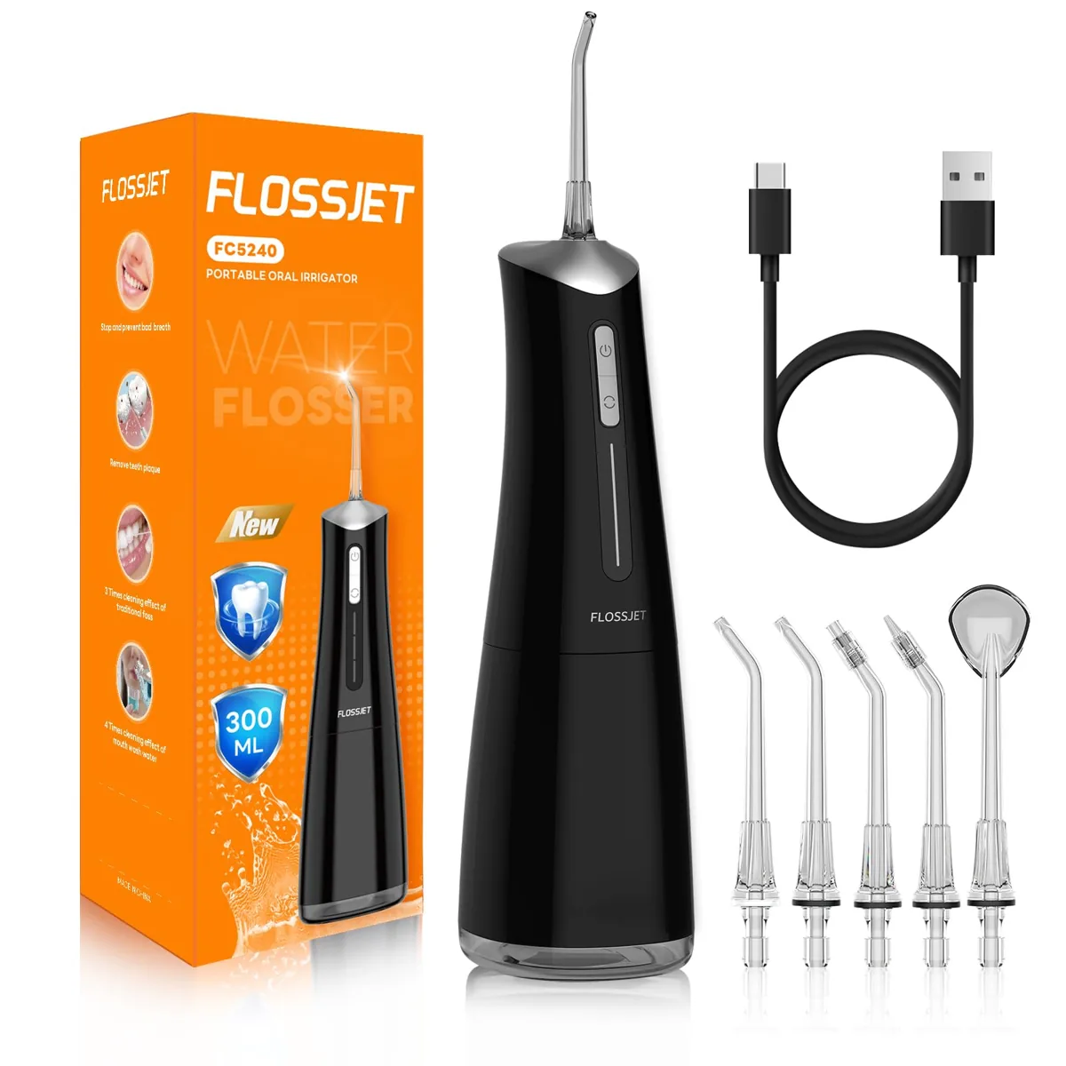 FlossJet FC5240 irrigador dental inalámbrico · 4 modos · 5 boquillas · 300 ml · temporizador